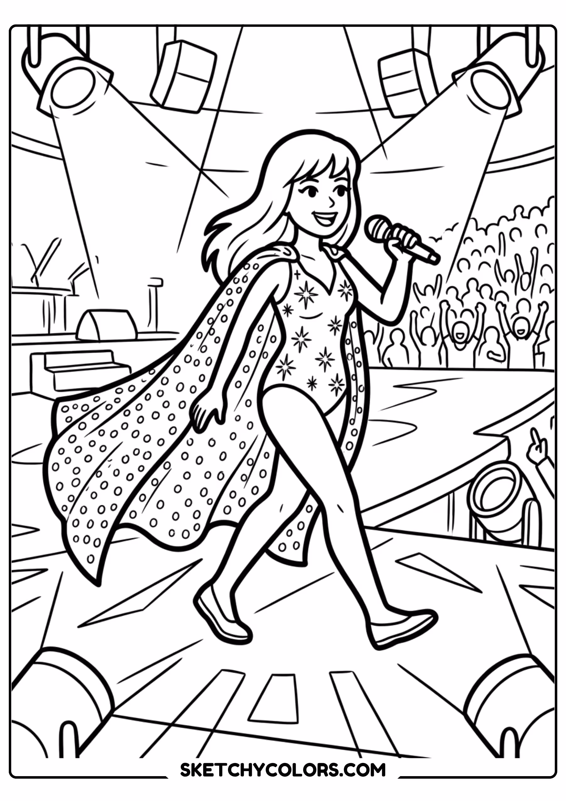 taylor swift coloring pages - sparkly cape on stage free printable PDF for kids