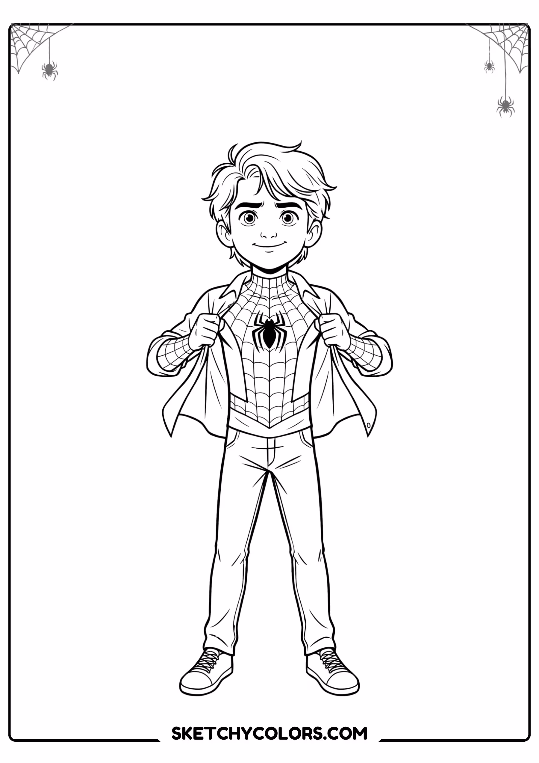 spiderman coloring pages - secret suit reveal free printable PDF for kids