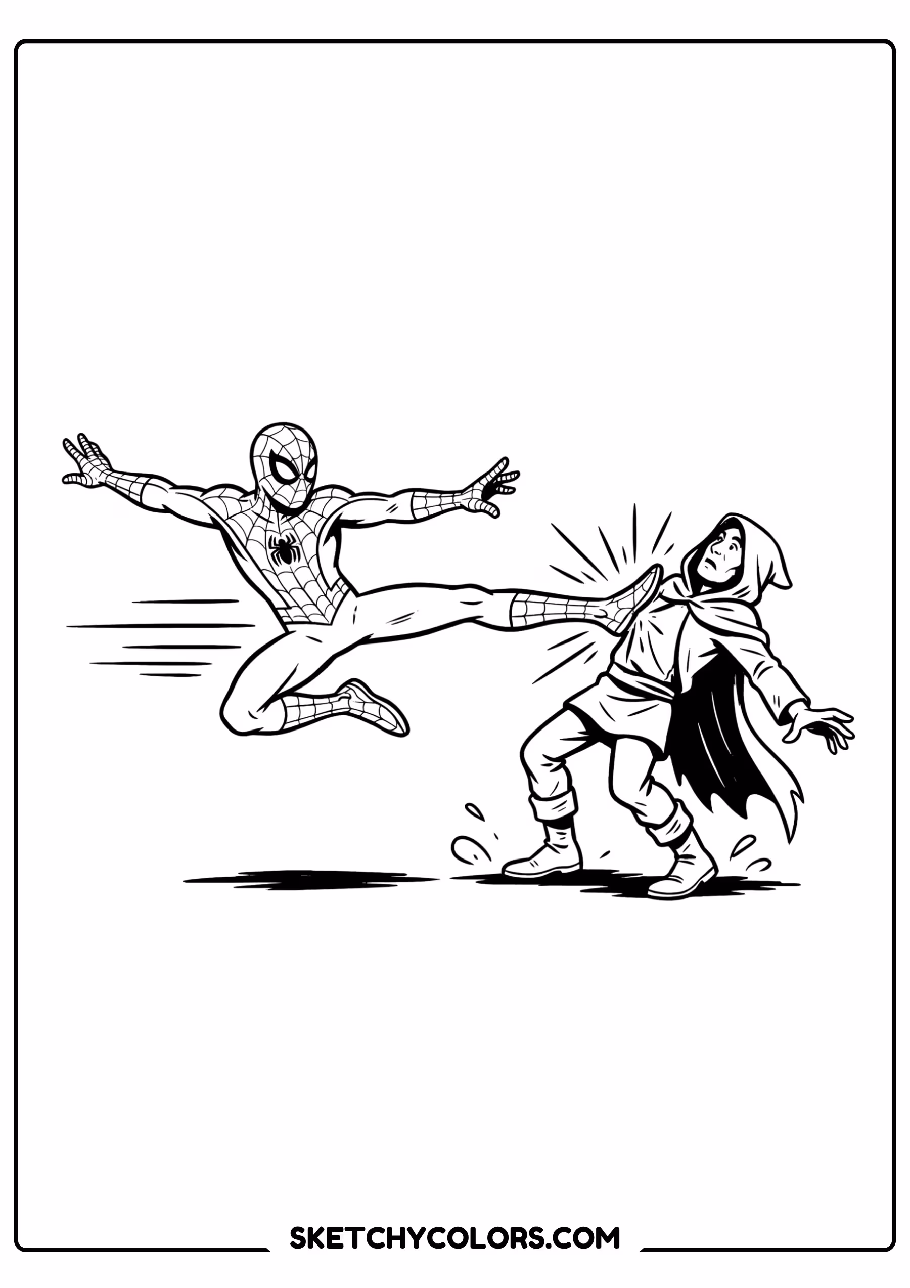 spiderman coloring pages - flying kick attack free printable PDF for kids