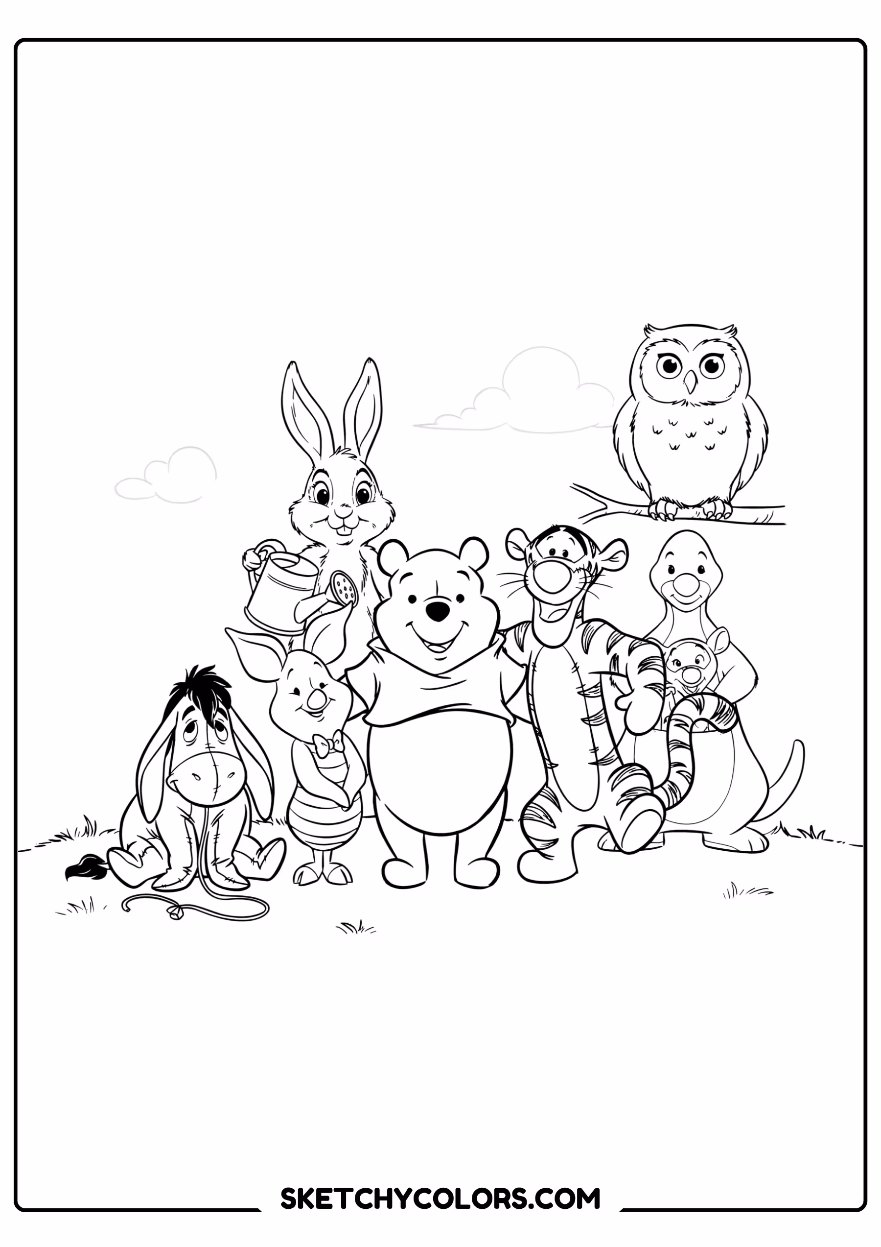 winnie the pooh coloring pages - the whole gang together free printable PDF for kids