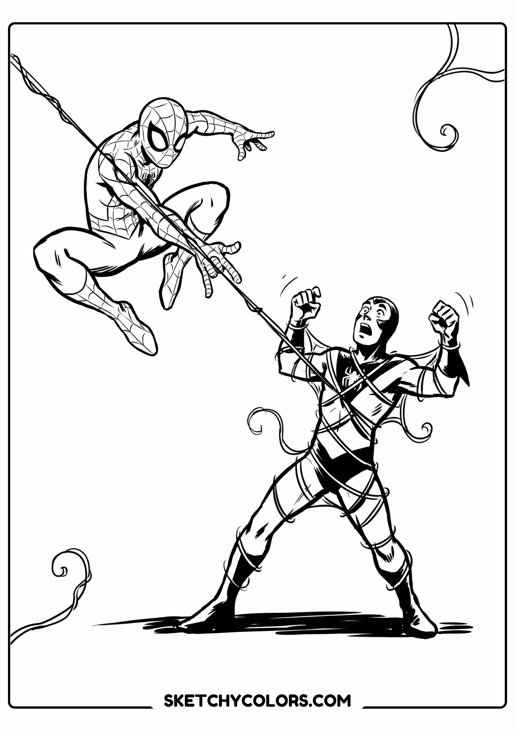 spiderman coloring pages - swinging villain catch free printable PDF for kids