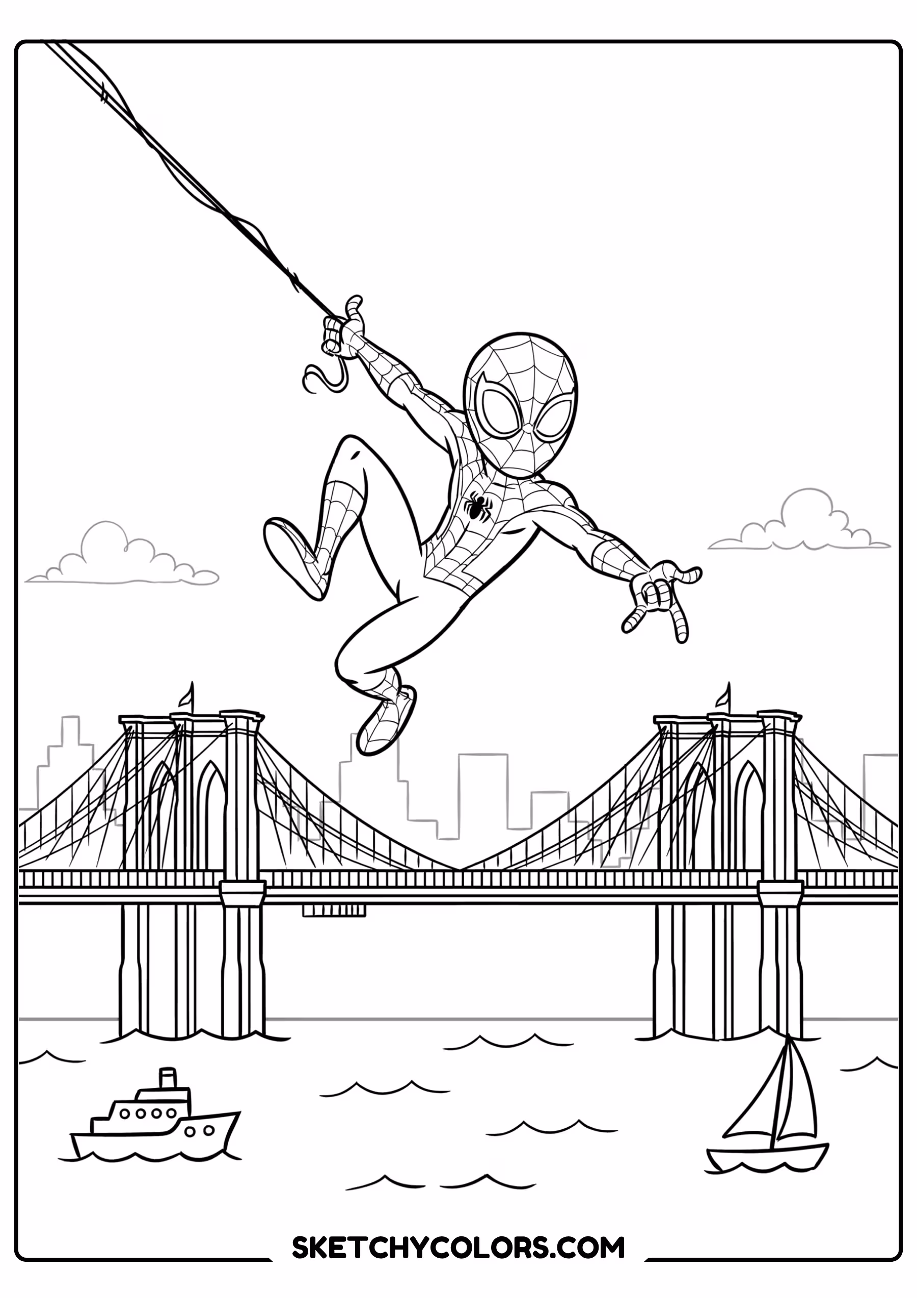 spiderman coloring pages - bridge swing adventure free printable PDF for kids