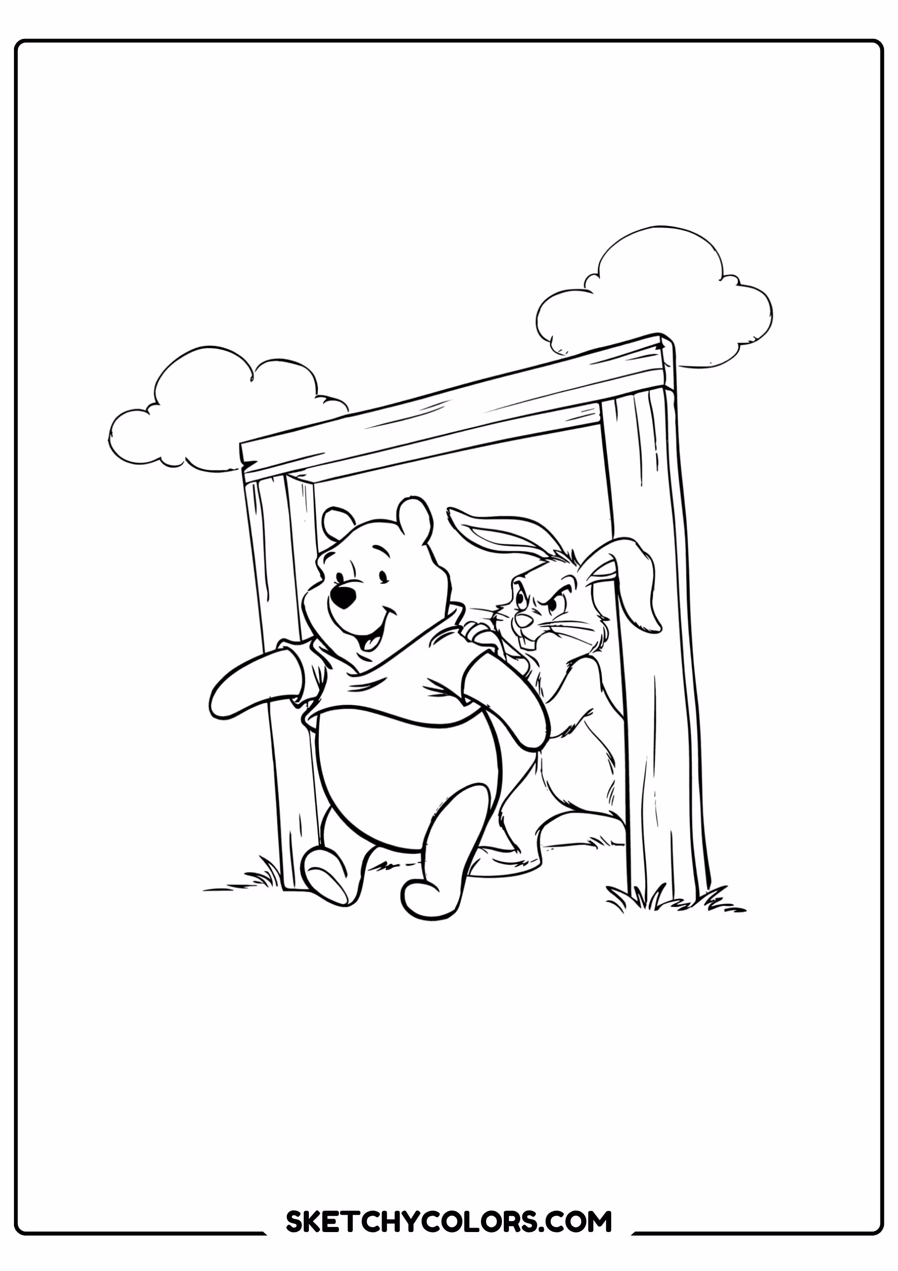 winnie the pooh coloring pages - window visit with rabbit free printable PDF for kids