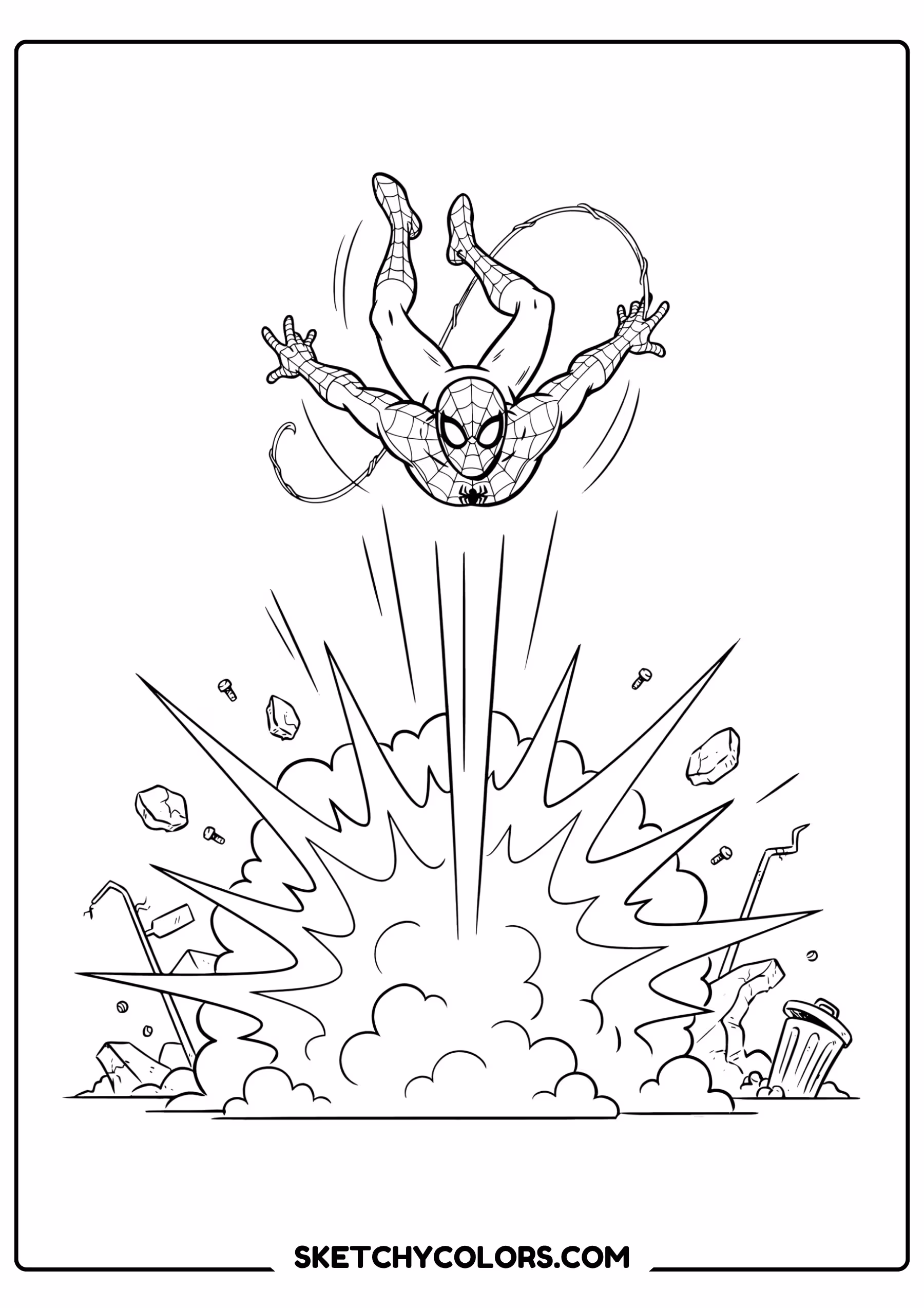 spiderman coloring pages - explosive escape free printable PDF for kids