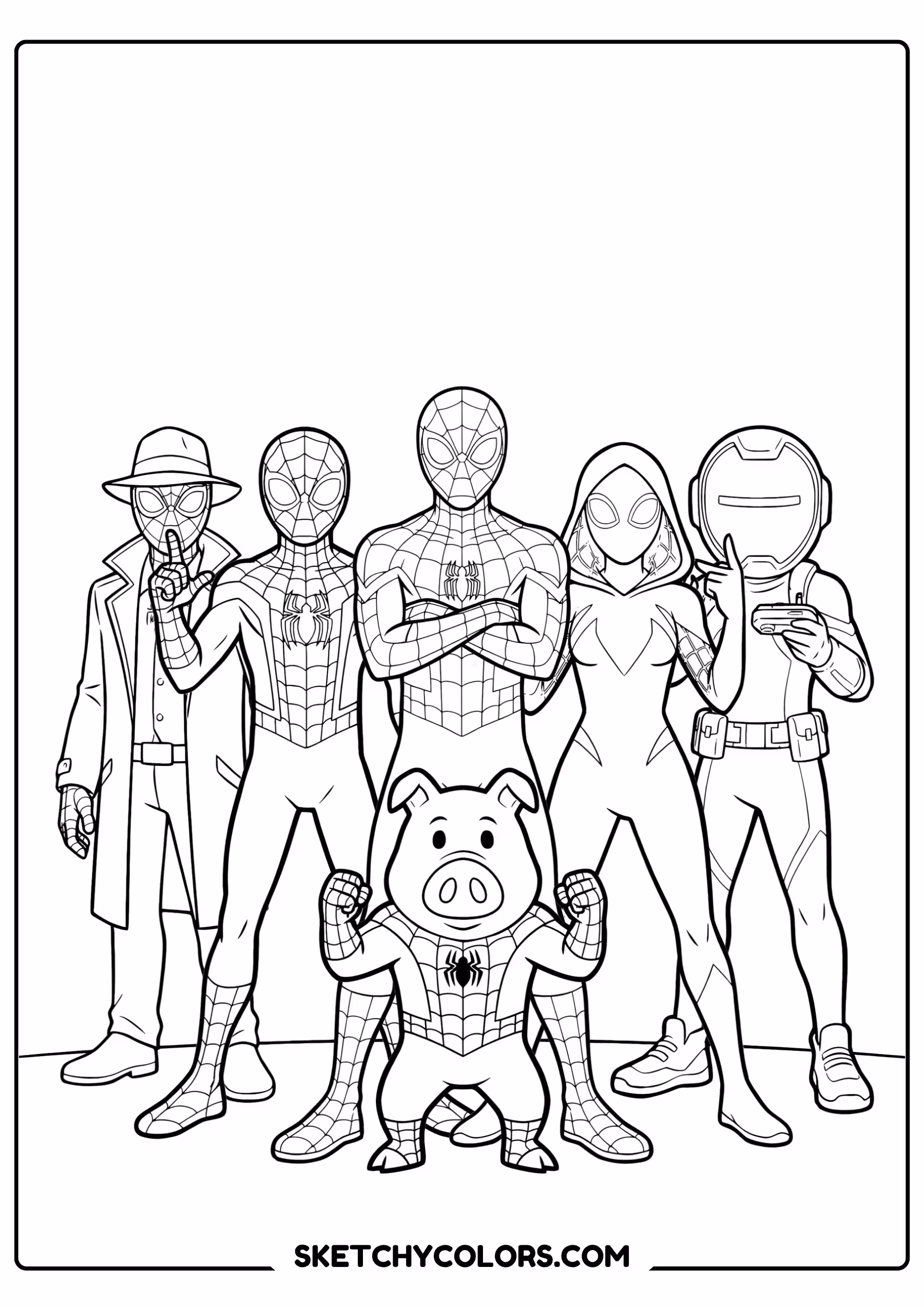 spiderman coloring pages - spider team line up free printable PDF for kids