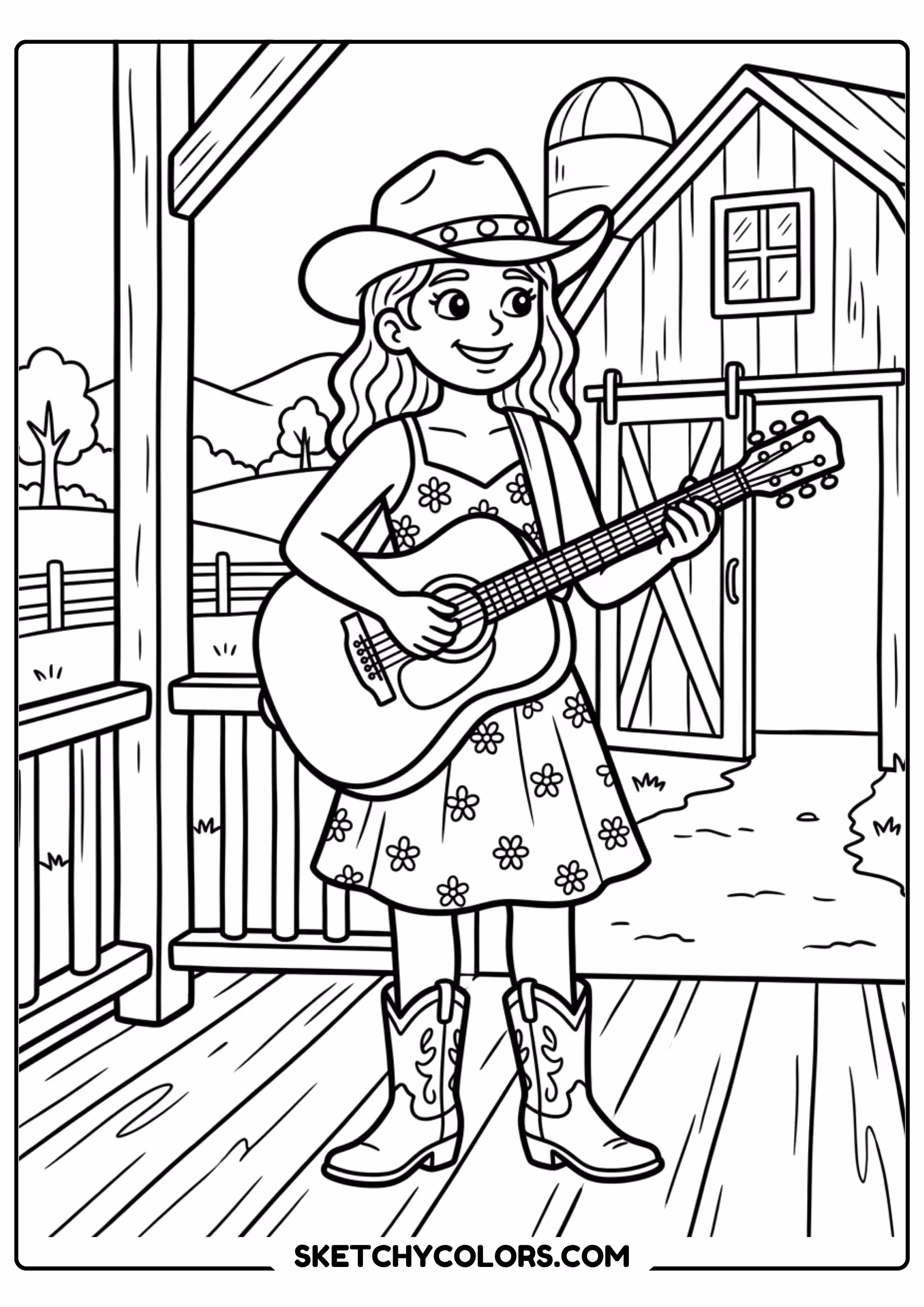 taylor swift coloring pages - country girl with guitar free printable PDF for kids
