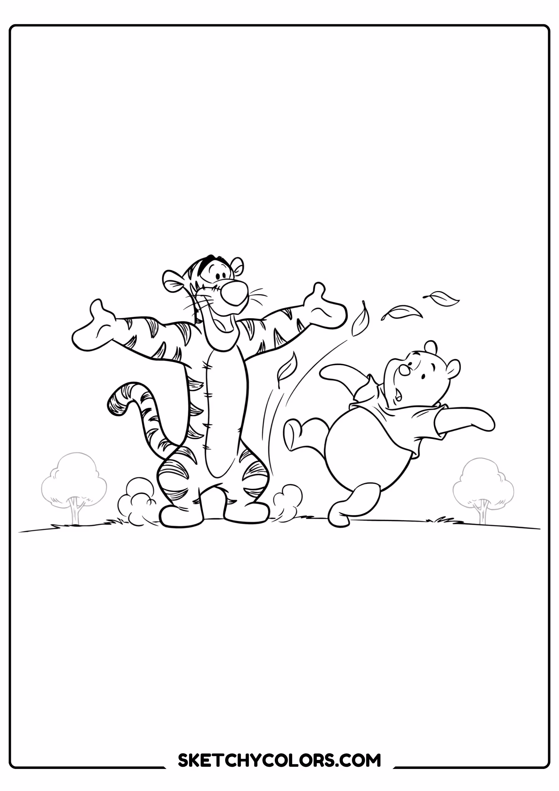 winnie the pooh coloring pages - tigger leaping with friends free printable PDF for kids
