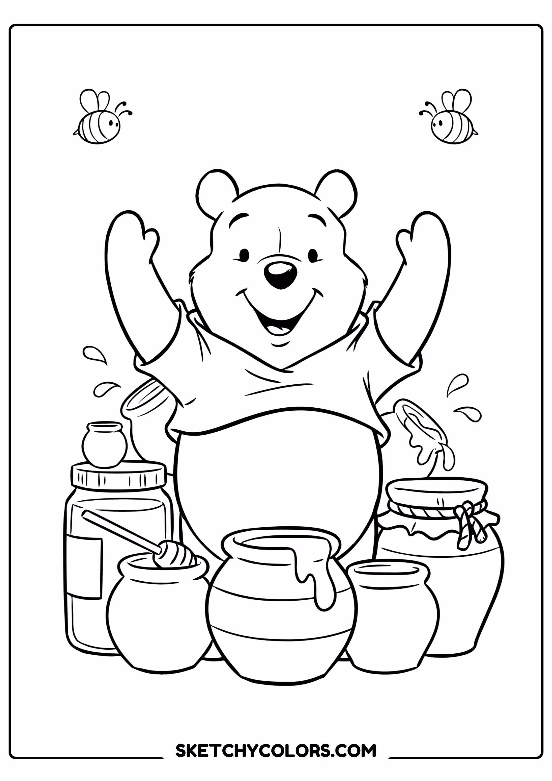 winnie the pooh coloring pages - cheering with the bees free printable PDF for kids