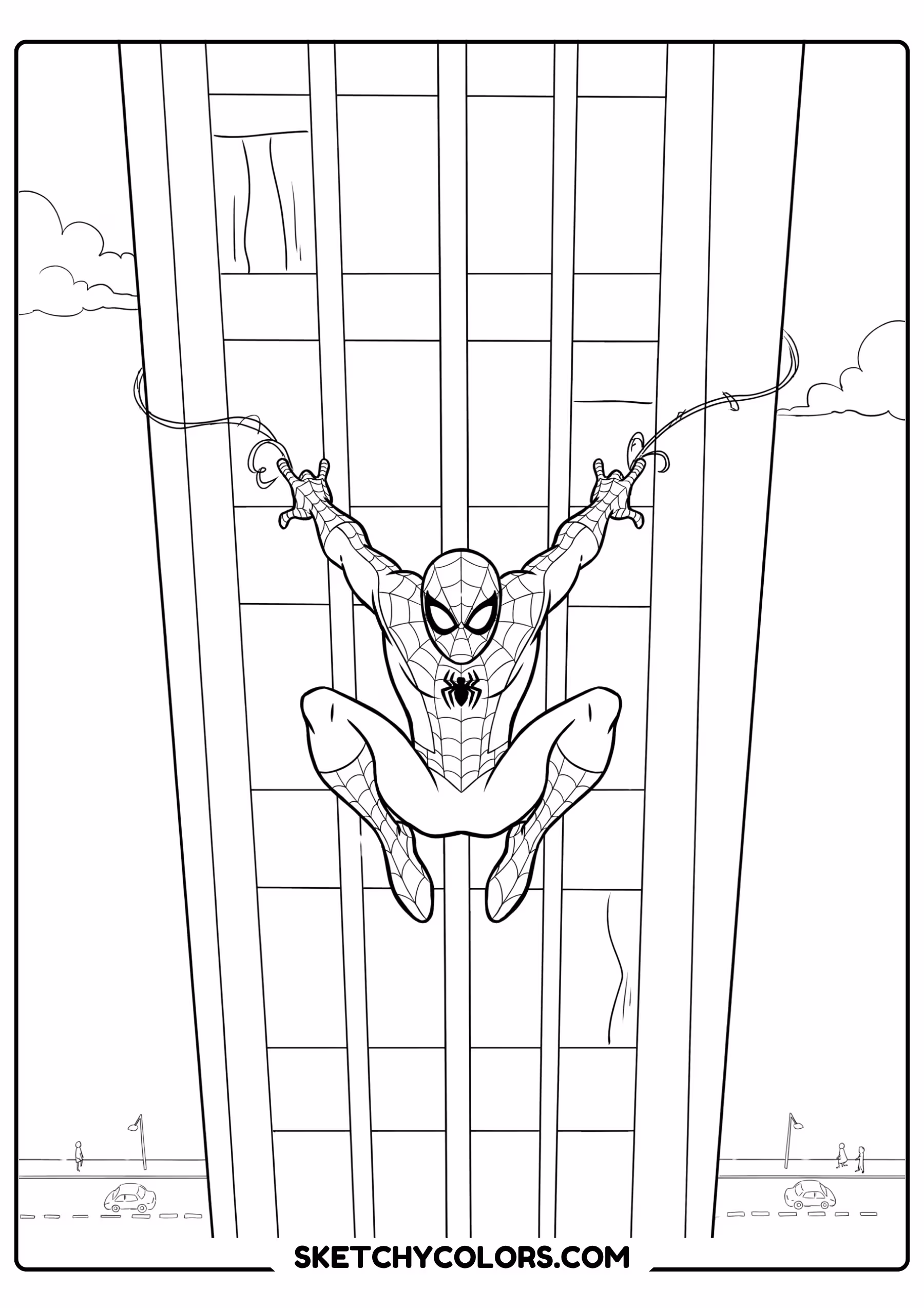 spiderman coloring pages - skyscraper descent free printable PDF for kids