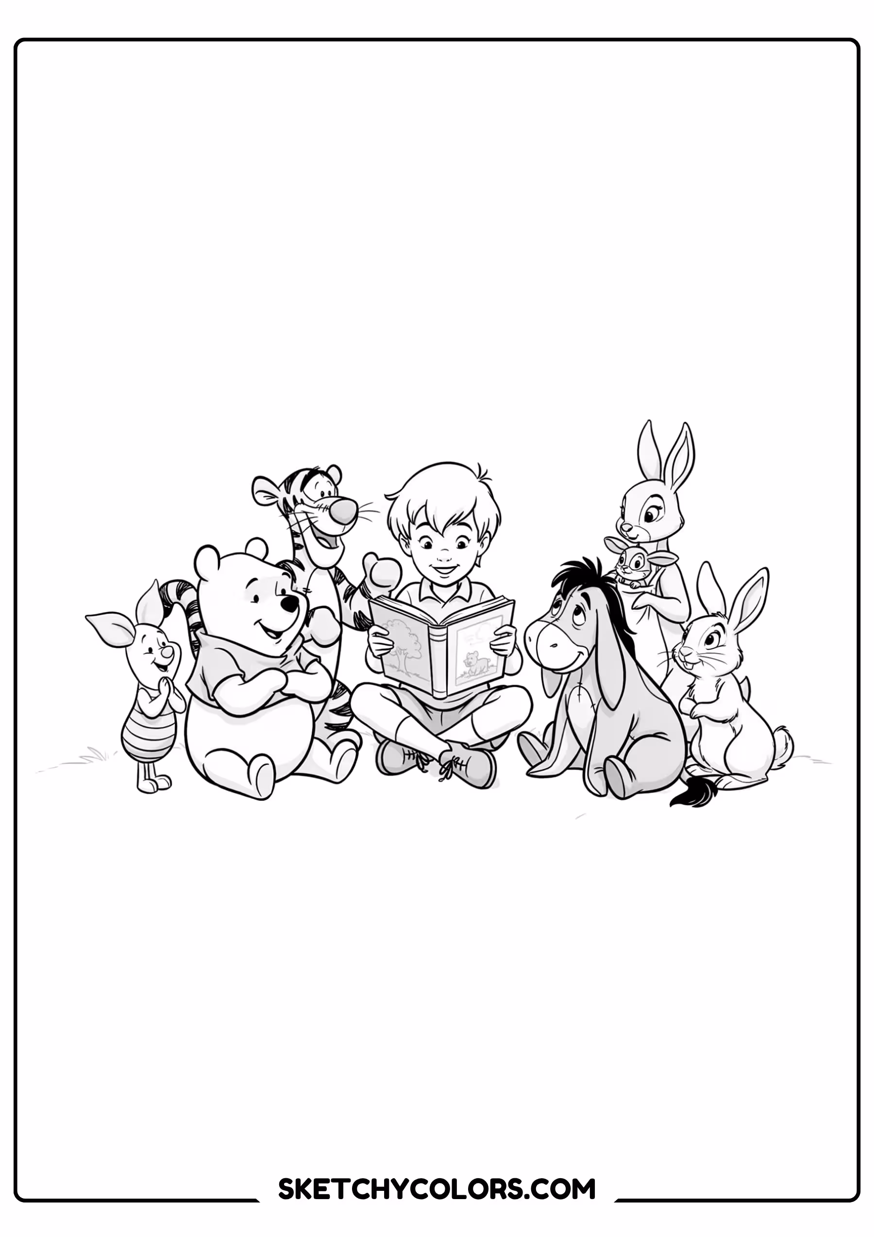 winnie the pooh coloring pages - story time with friends free printable PDF for kids
