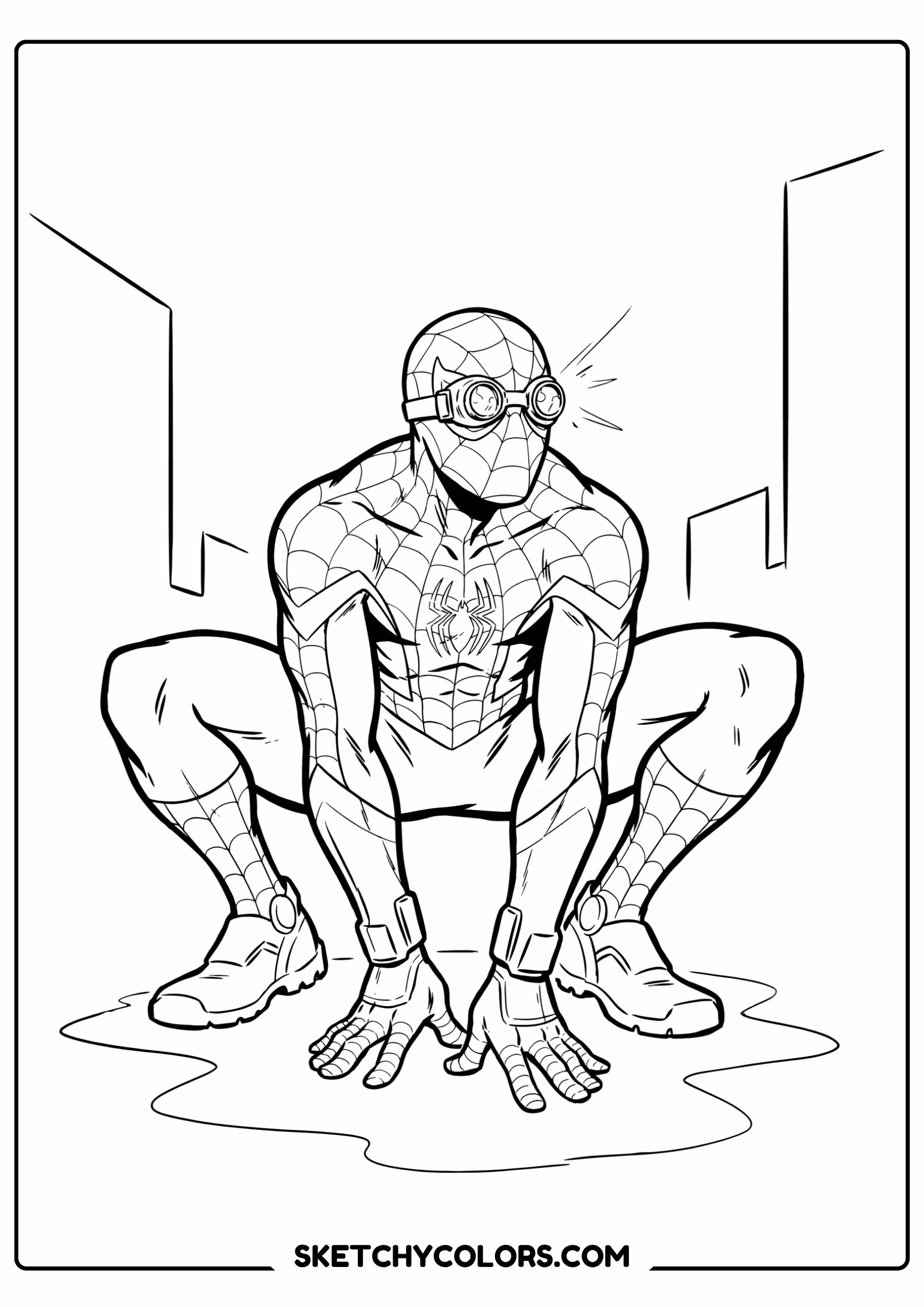 spiderman coloring pages - goggle suit crouch free printable PDF for kids