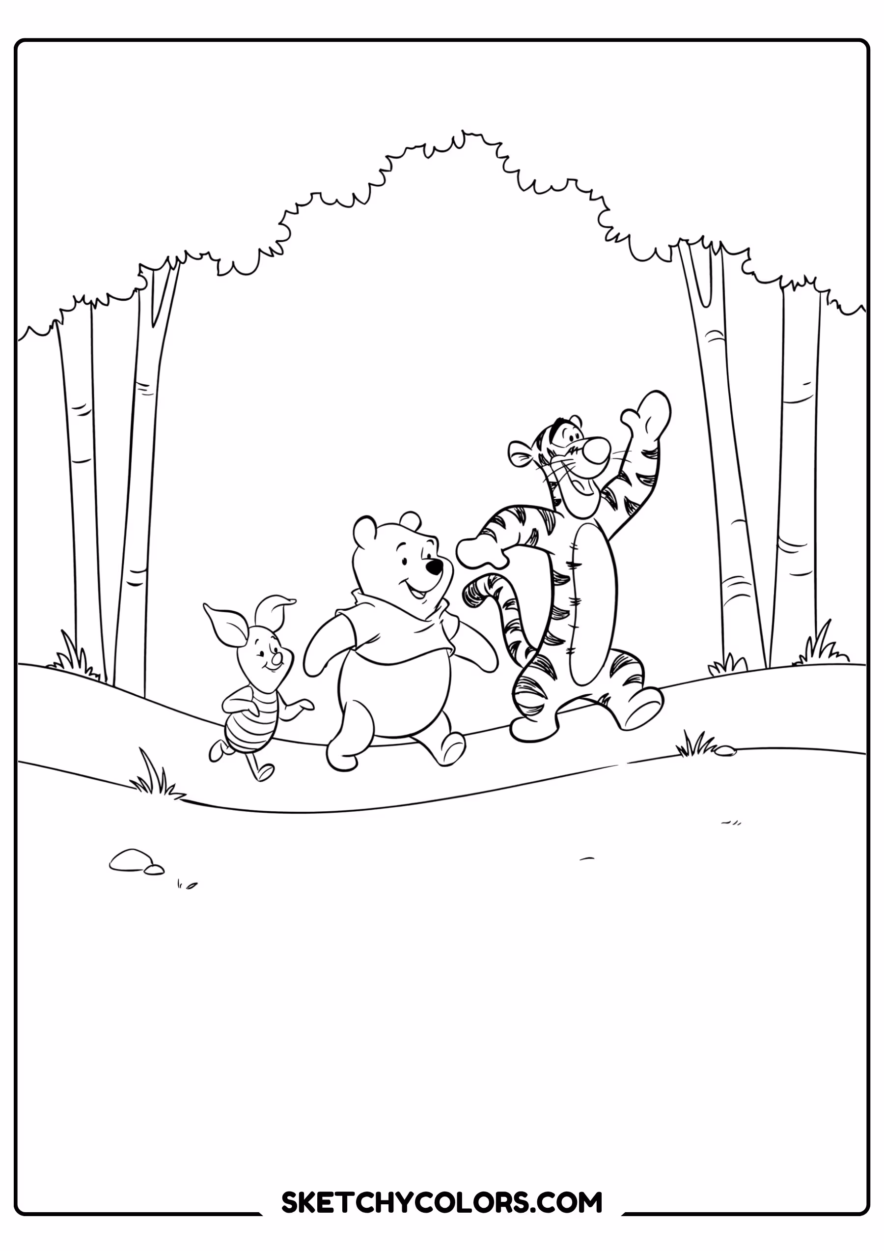 winnie the pooh coloring pages - woodland walk together free printable PDF for kids