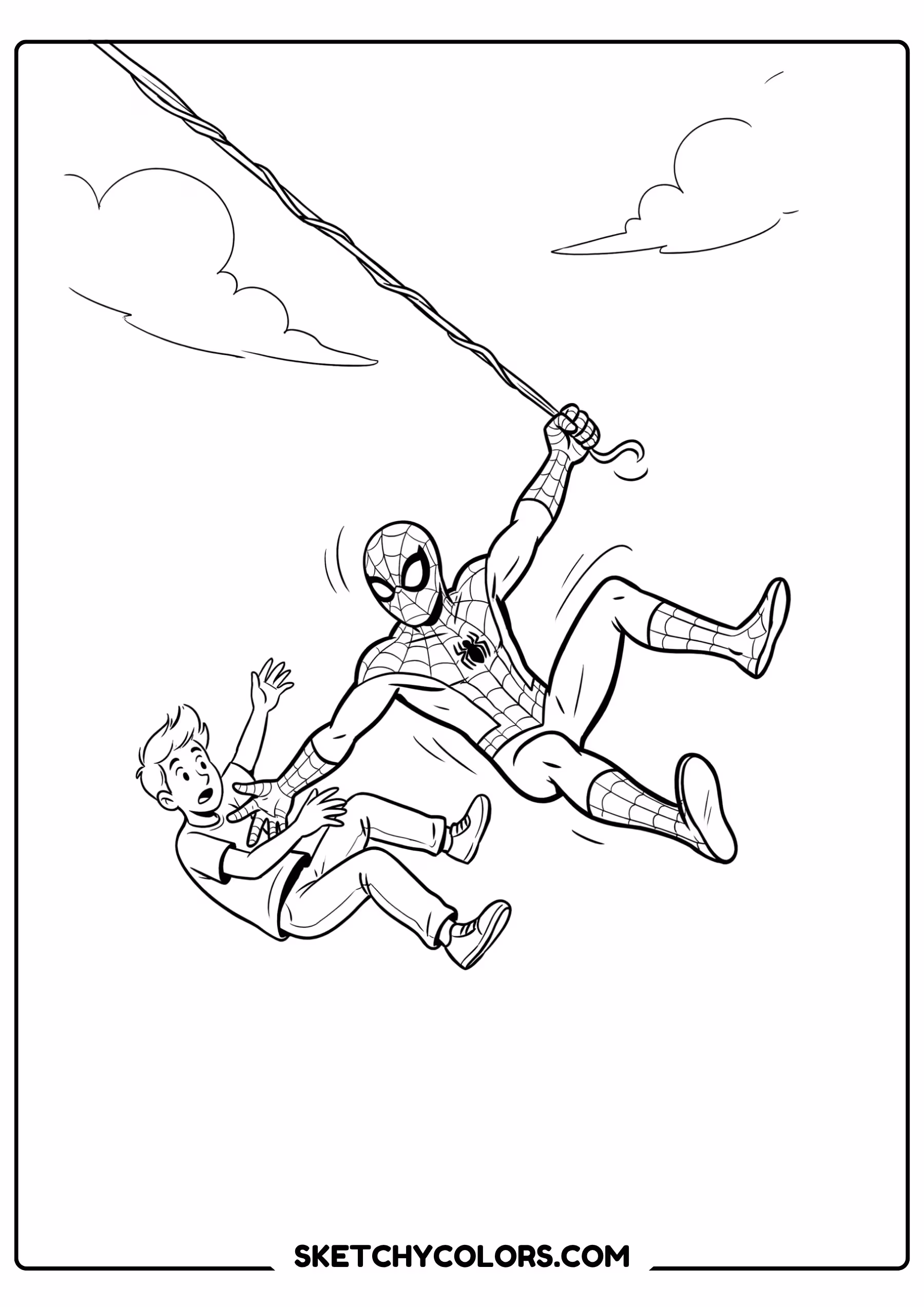 spiderman coloring pages - daring rescue swing free printable PDF for kids