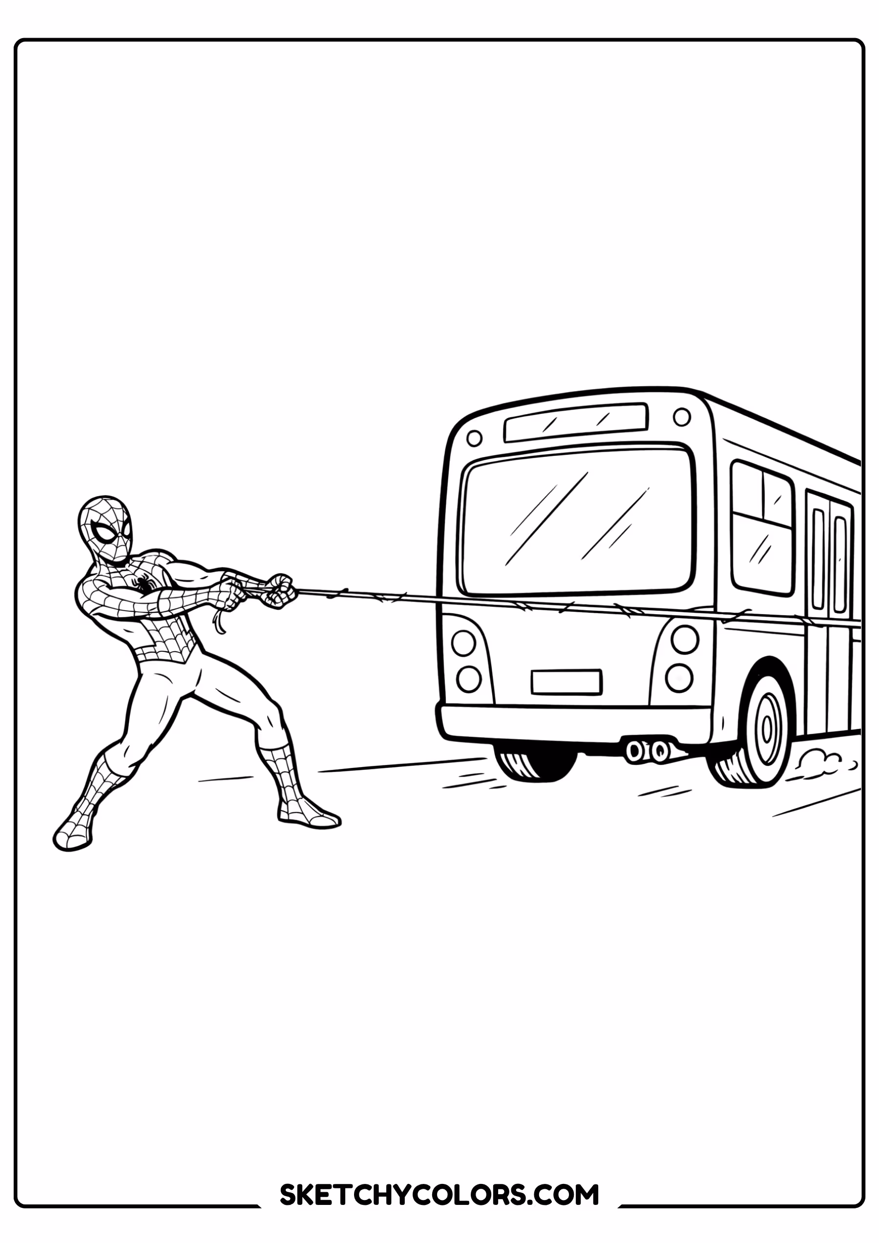 spiderman coloring pages - bus stopping web free printable PDF for kids