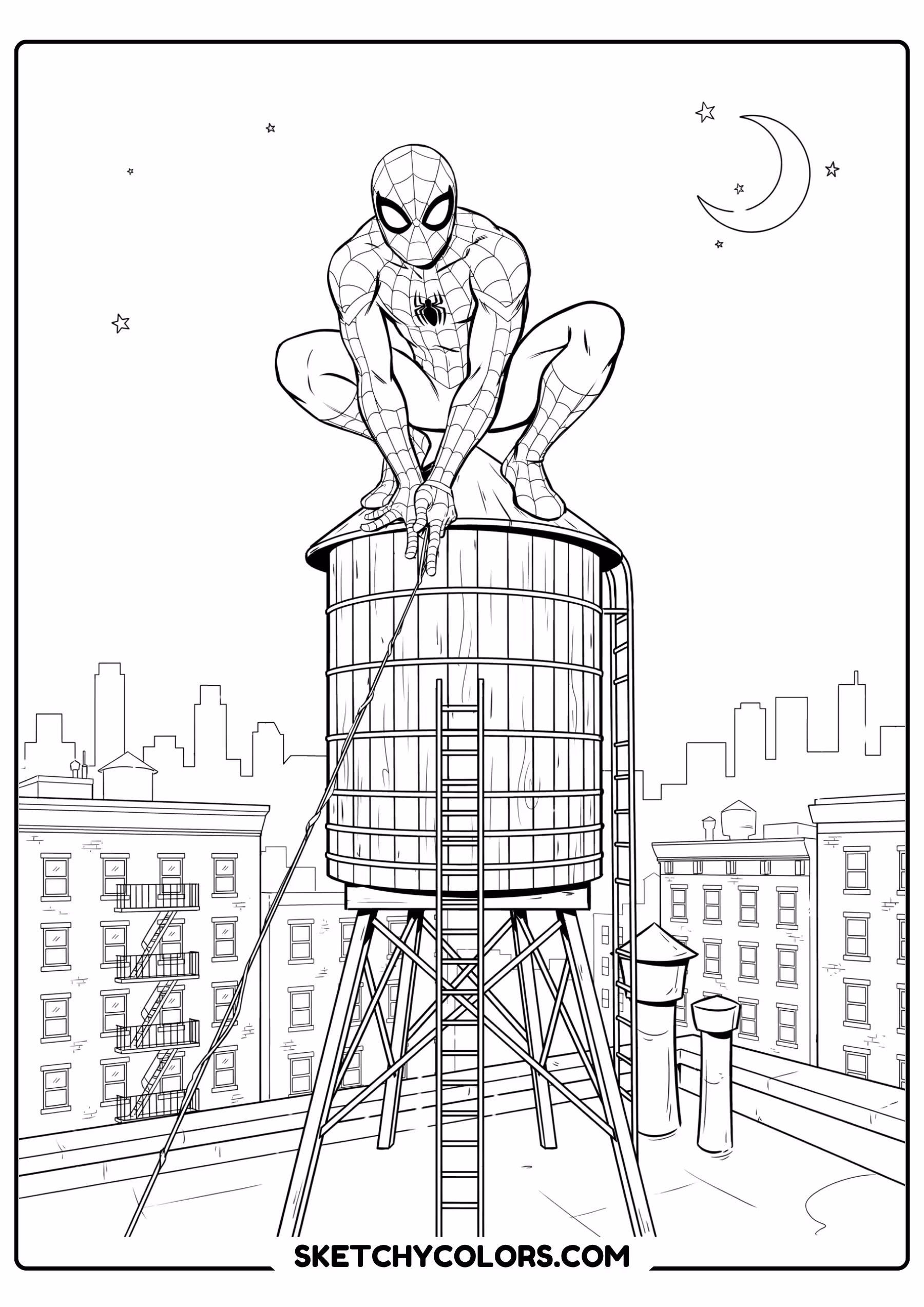 spiderman coloring pages - water tower watch free printable PDF for kids