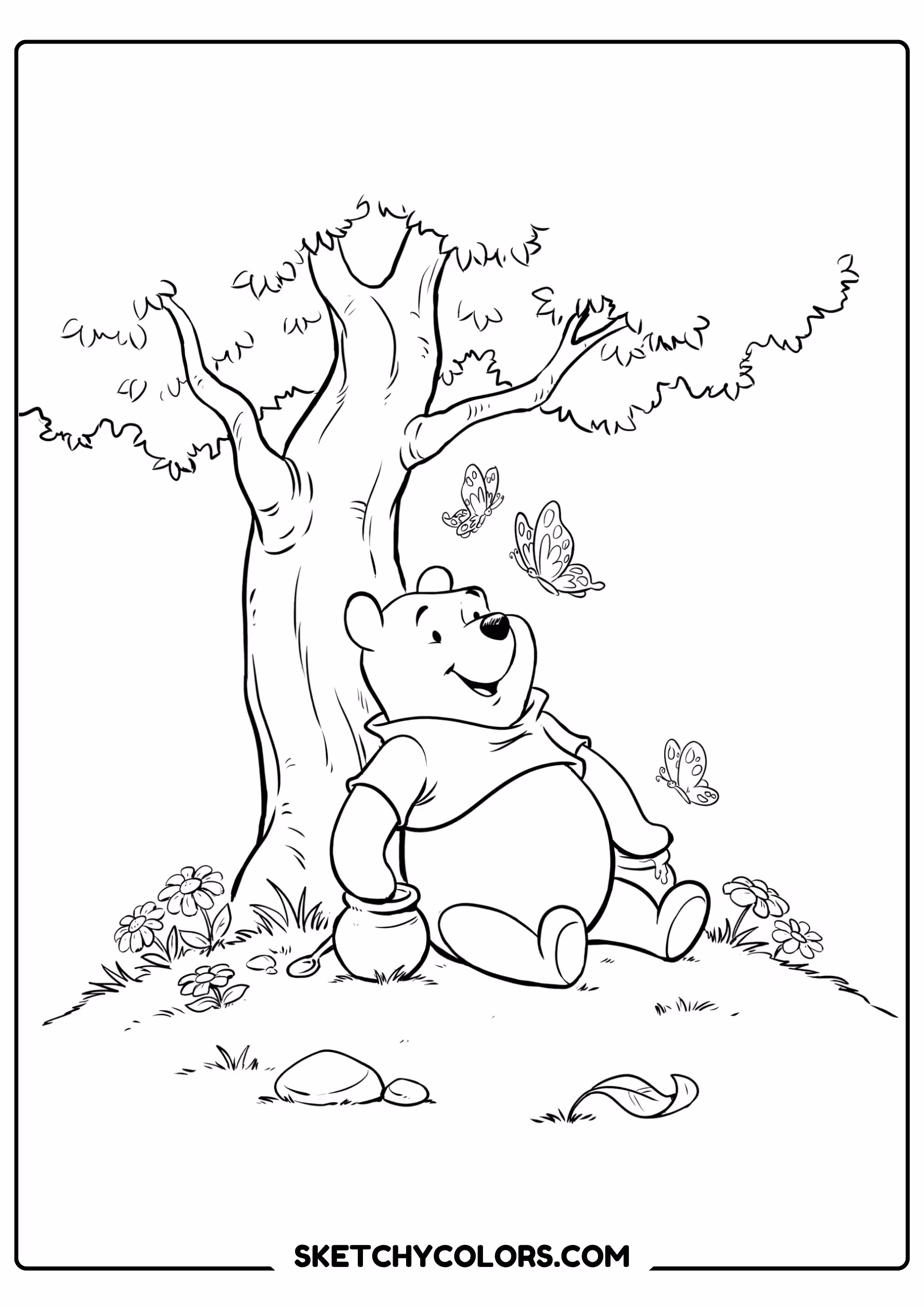 winnie the pooh coloring pages - butterflies in the big tree free printable PDF for kids