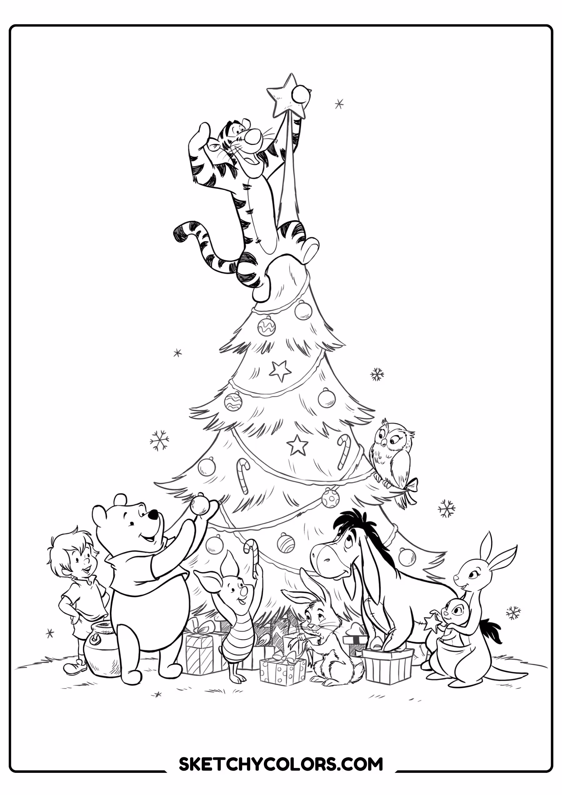 winnie the pooh coloring pages - tigger trims the tree free printable PDF for kids