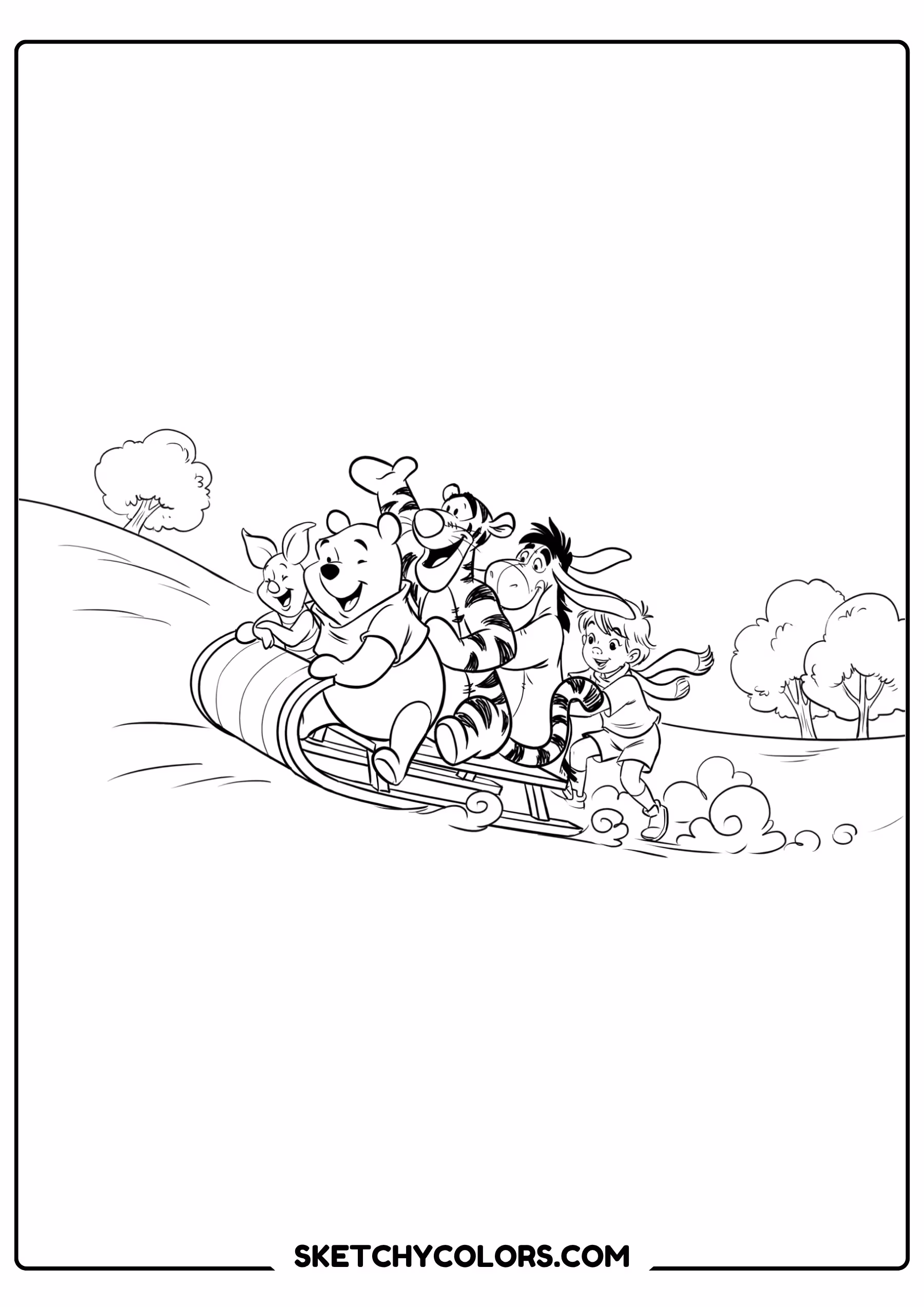 winnie the pooh coloring pages - sledding down the hill free printable PDF for kids