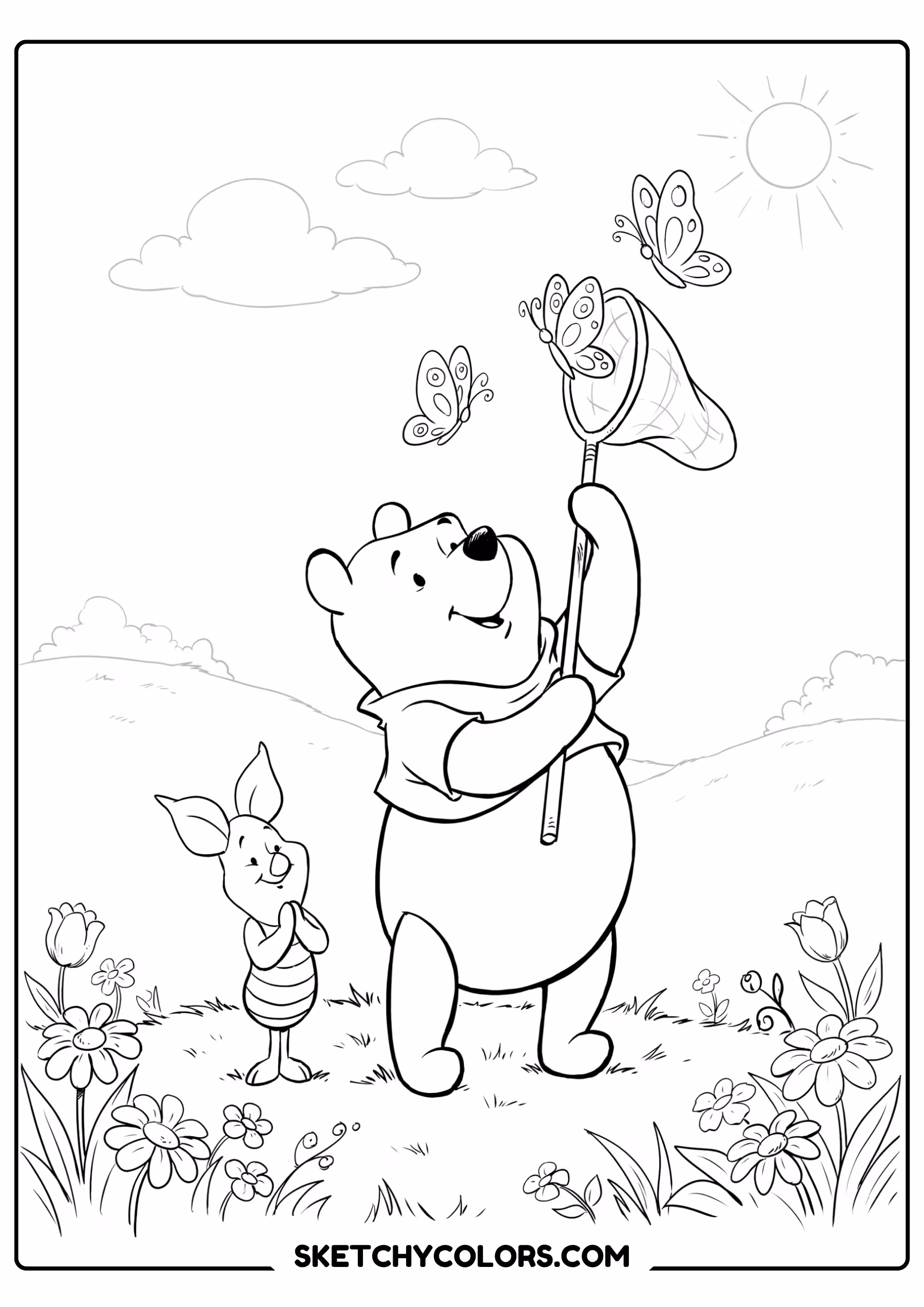 winnie the pooh coloring pages - catching butterflies free printable PDF for kids