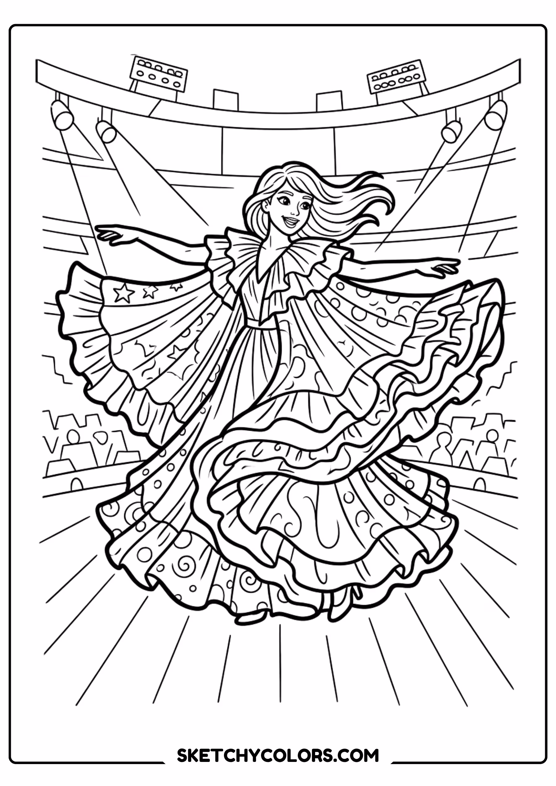taylor swift coloring pages - twirling ruffle dress free printable PDF for kids