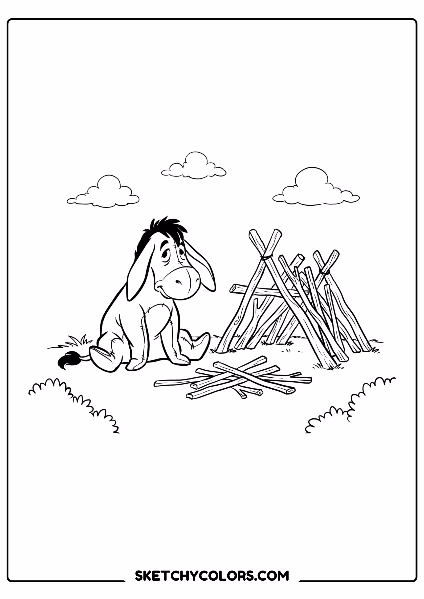 winnie the pooh coloring pages - eeyore builds his house free printable PDF for kids