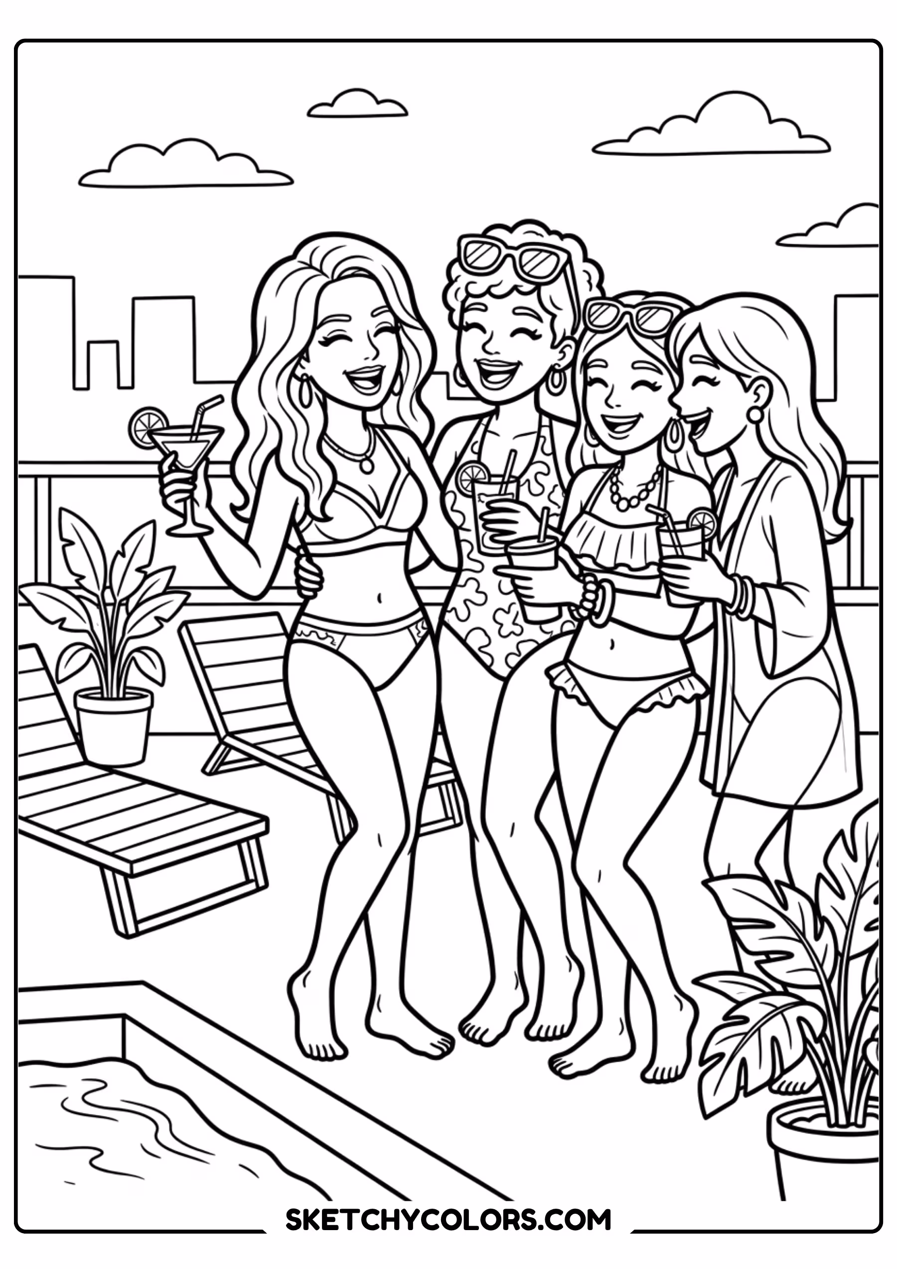 taylor swift coloring pages - pool party friends free printable PDF for kids