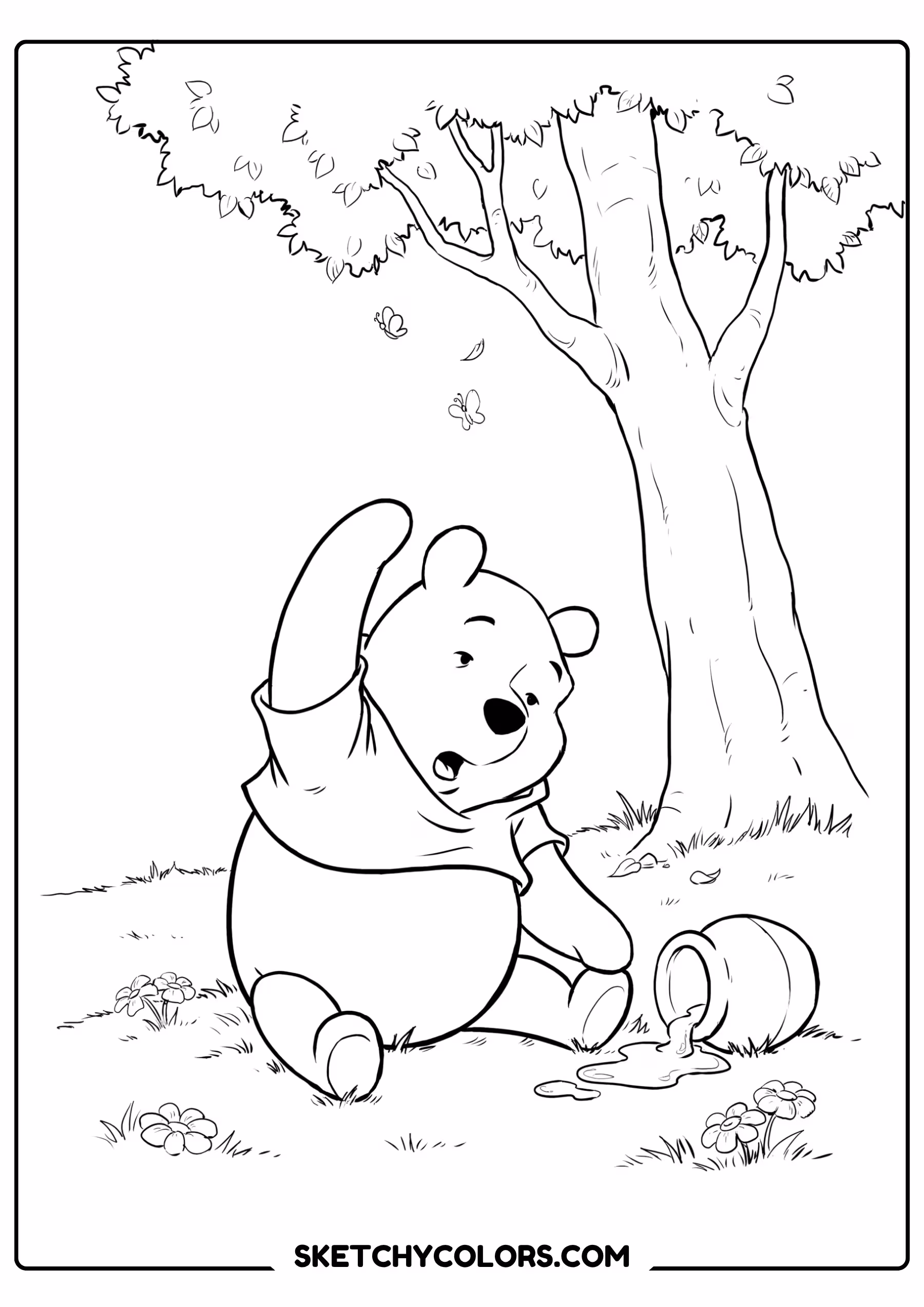 winnie the pooh coloring pages - waving from the meadow free printable PDF for kids
