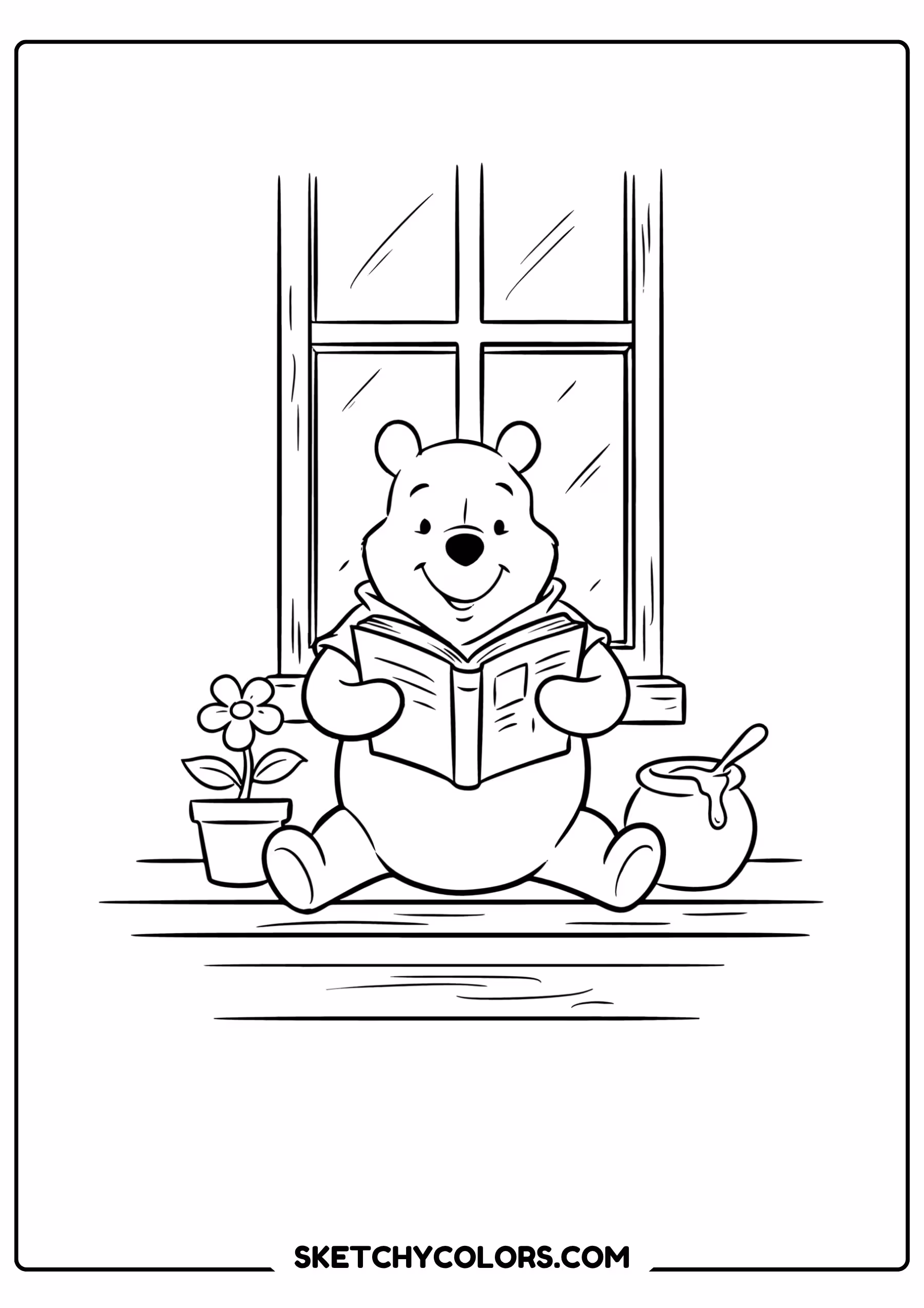winnie the pooh coloring pages - reading by the window free printable PDF for kids