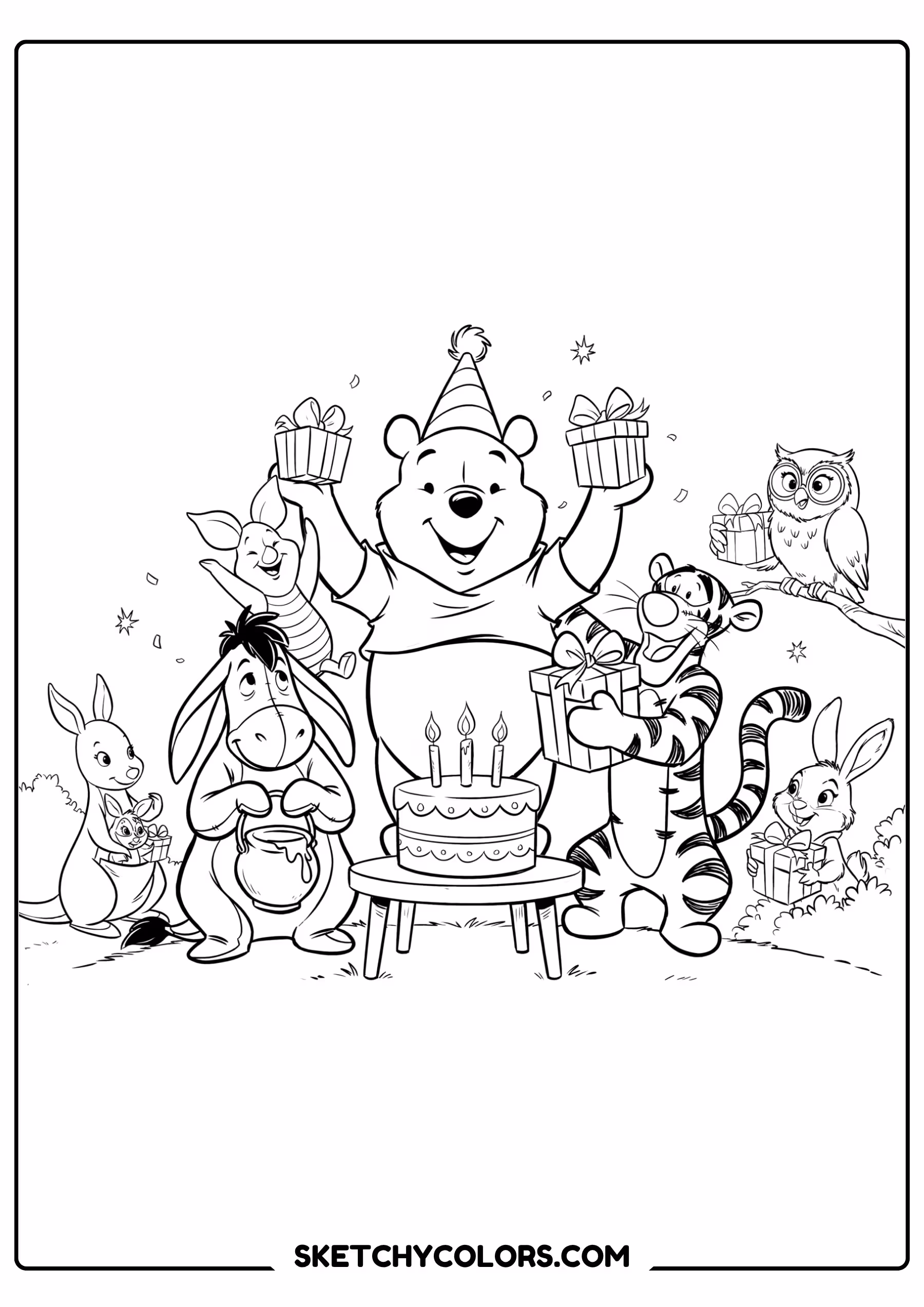 winnie the pooh coloring pages - party in the wood free printable PDF for kids
