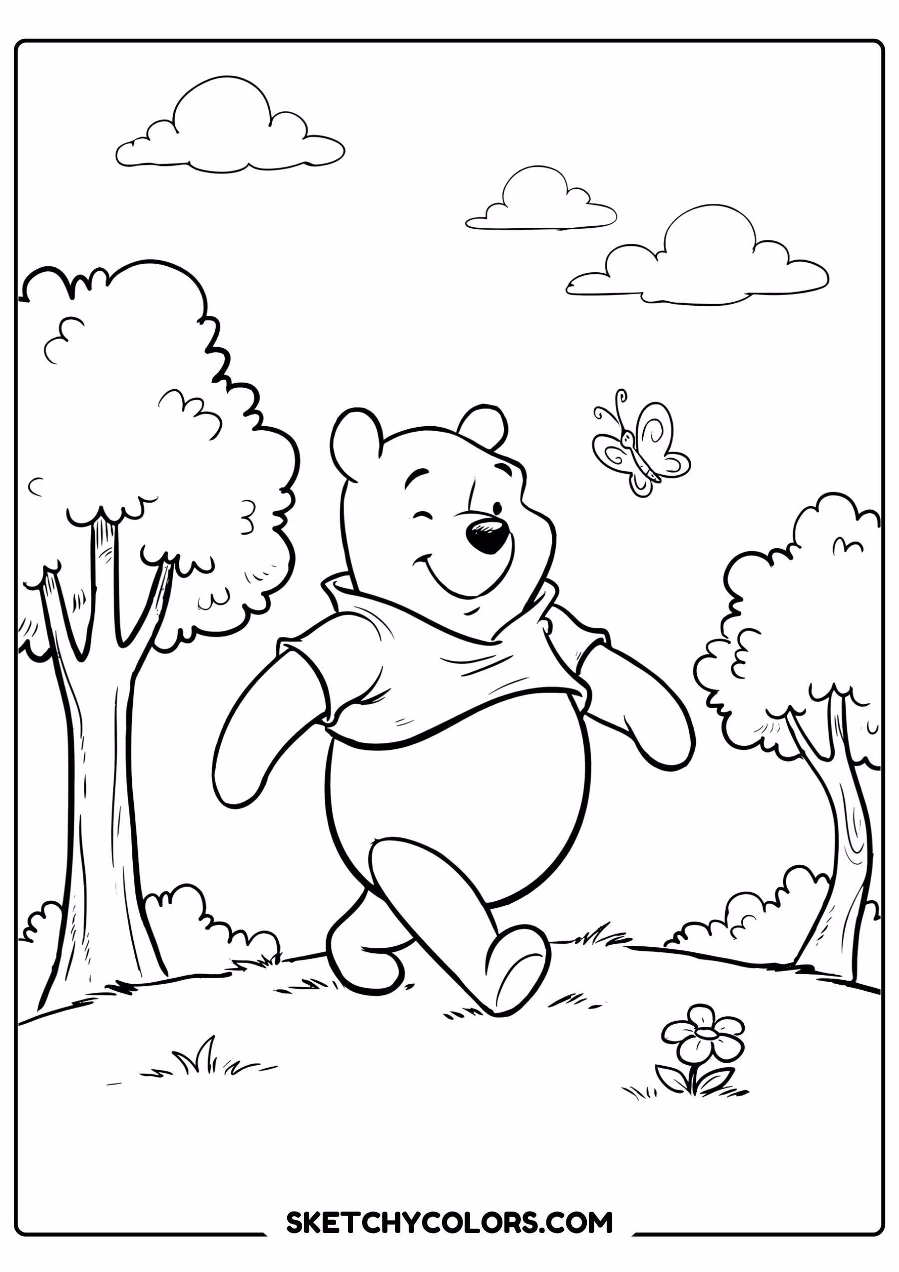 winnie the pooh coloring pages - forest walk with a butterfly free printable PDF for kids